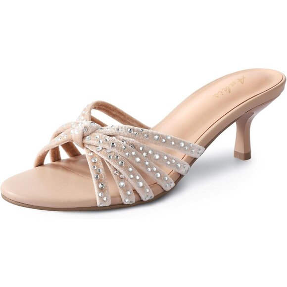 Nude White Heels for Women Strappy Low Kitten Heels Open Toe Dress Sandals - Picture 1 of 7